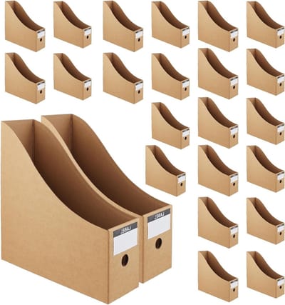 Tijdschriftenhouder set van 24 stuks, kartonnen opbergdozen met etiketten voor school, kantoor en thuis, bruin, 27 x 26 x 9 cm