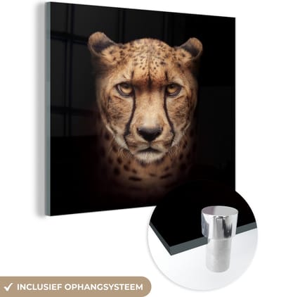 MuchoWow® Glasschilderij 50x50 cm - Schilderij acrylglas - Cheetah - Dieren - Zwart - Foto op glas - Schilderijen
