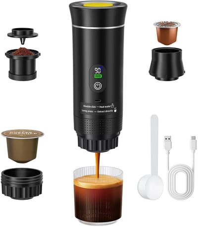 Weelora Espressomachine - Draagbare Koffiemachine - Espresso Machine - Espresso Apparaat - Draadloos - Voor Thuis En Onderweg - 3-in-1 Capsule - Poederkoffiezetapparaat - Kleur Zwart