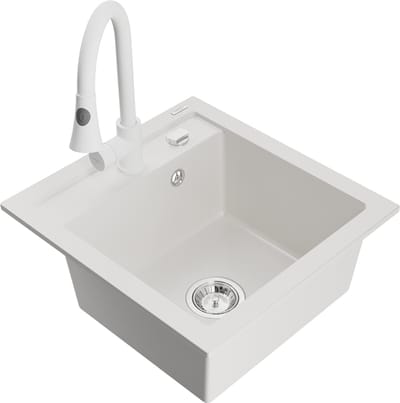 Mexen Vito granieten gootsteen 1-komorige met keukenmengkraan Elia, wit - 6503-20-670101-20