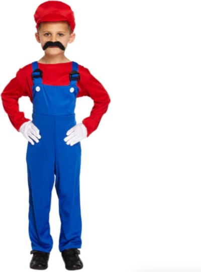 Loodgieter Mario Kostuum Kinderen - Shirt Jumpsuit En Hoed - Verkleedkleren Kinderen - Rood - Maat 128/140