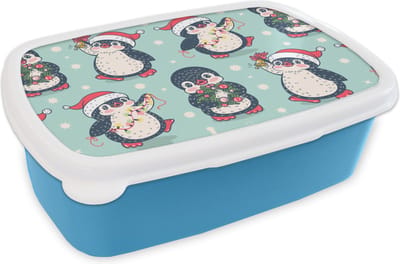Broodtrommel Blauw - Lunchbox - Brooddoos - Pinguïn - Lichtsnoer - Kerstkrans - Patronen - 18x12x6 cm - Kinderen - Jongen