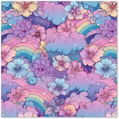 Tuinposter 100x100 cm - Tuindecoratie Regenbogen - Bloemen - Kleurrijk - Wolken - Poster voor in de tuin - Buiten decoratie - Schutting tuinschilderij - Tuindoek muurdecoratie - Wanddecoratie balkondoek