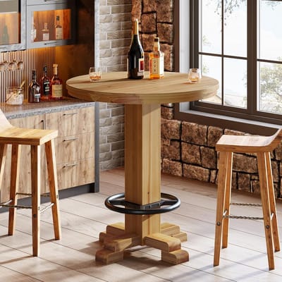Tribesigns Massief Houten Ronde Bartafel - 80 x 80 x 95 cm - Moderne Bartafel met Metalen voetsteun - Bruin