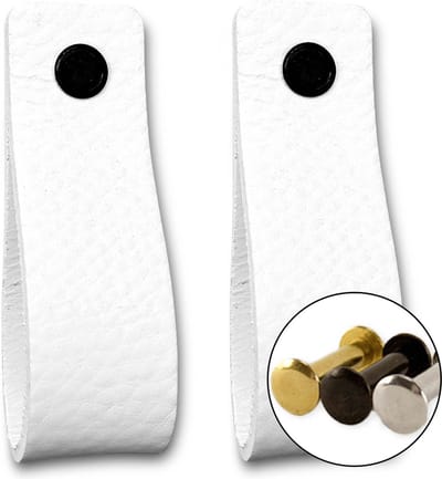 Leren handgrepen - Wit - 2 stuks - 16,5 x 2,5 cm - incl. 3 kleuren schroeven - Witte Handgrepen leer - Leren meubelgreep - Leren handvaten kast - Leren lus - Handgreep kast leer - Leren greepjes - Handvat leer - Leren deurgreep - Leren handgreep