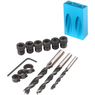Kit de gabarit de trou de poche 8mm 10mm, Guide de perçage d'angle de 15 degrés, outil de travail du bois, gabarit de trou incliné 14pcs Set bleu