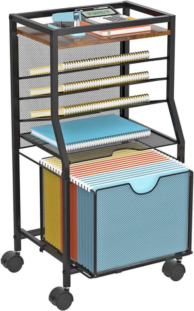 Mobiele Bestandenwagen met Lade voor Hangmappen, Stevige Kantoorwagen voor Onder Bureau, Houten en Gaas Organisatie voor Thuis, Kantoor en School
