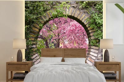 Behang - Fotobehang Doorkijk - Sakura - Bloesem - Japans - Breedte 240 cm x hoogte 240 cm