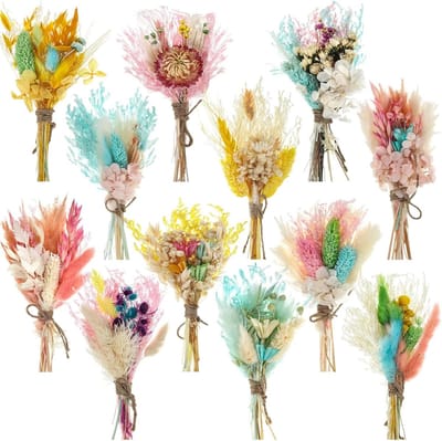 Gedroogd Bloemenboeket - Mini Boeketten - Decoratie Knutselen - Natuurlijke Materialen - 12 Bundels - Zoals Afgebeeld