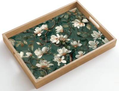 Dienblad hout 50x35 cm - Schootdienblad - Bloemen - Takken - Wit - Klassiek - Borrelplank rechthoek - Plateau dienbladen