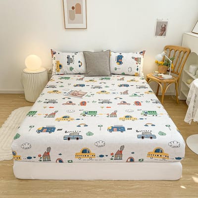 Bonenjoy 1 Stuk Puur Katoen Hoeslaken Met Elastiek Cartoon Auto Print Bedovertrek Enkel Queen Size Onderlaken(Geen kussensloop) 2 pillowcase48x74cm