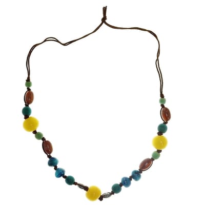 Behave - Kralen Ketting - Bruin met Blauwe en Gele Kralen 70 cm