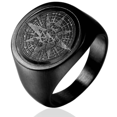 Kompas Zegelring Heren Zwart met Gravering - Staal - Ring Ringen - Papa Cadeau Voor Mannen - Vaderdag