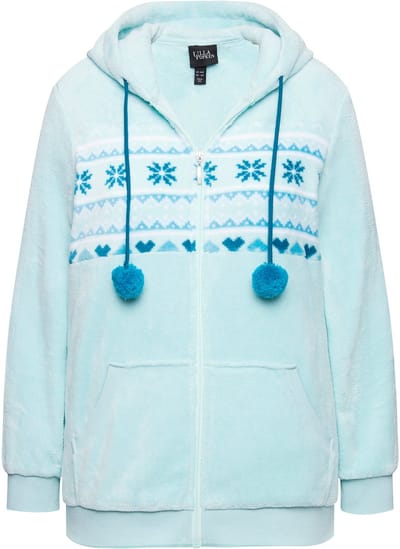Ulla Popken - Dames - Homewear binnenjas pluche Noors patroon capuchon - Babyblauw - Maat 46+