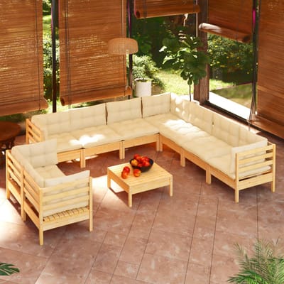 vidaXL - 10-delige - Loungeset - met - crèmekleurige - kussens - grenenhout