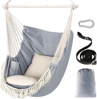 Famanu – Extra sterke hangmatstoel met metalen spreidstang, anti-slip groeven en zitkussens, draagve
