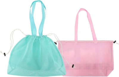 2 Stuks Vouwbare Mesh Strandtassen met Trekkoord voor Zwembad, Gym en Vakantie Essentials - Lichtgewicht en Handig (Roze en Groen)