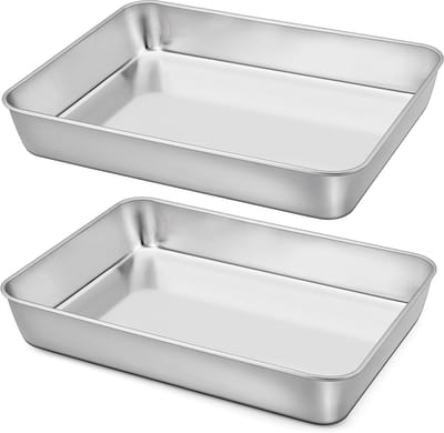 Grote RVS Bakplaat Set van 2, Rectangulaire Bakvorm voor Bakken, Roosteren en Serveren, 5 cm Diep, Vaatwasserbestendig en Hoogglans Gepolijst