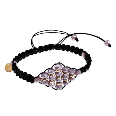 16cm tot 19cm Armband Dames - RVS Goudkleur - Zwarte Macramé Armband met Paars Kristal Ruit-Design - Handgemaakt - Verstelbaar