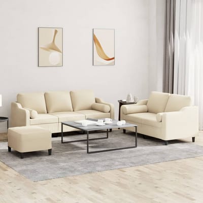 vidaXL - 3-delige - Loungeset - met - kussens - stof - crèmekleurig