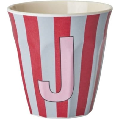 Rice melamine beker medium gestreept letter j, roze