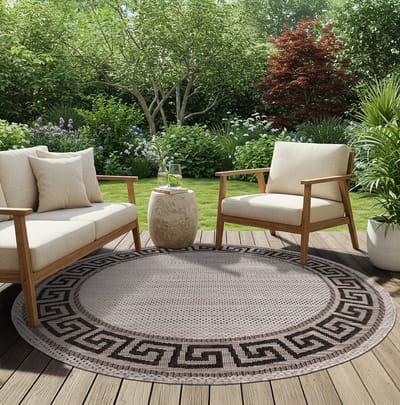 TAPISO Melissa Rond Vloerkleed Buiten & Binnen Zigzag Patroon Modern Tapijt voor Terras Balkon Keuken Grijs Beige Sisal Look Weersbestendig & OEKO-TEX 100x100