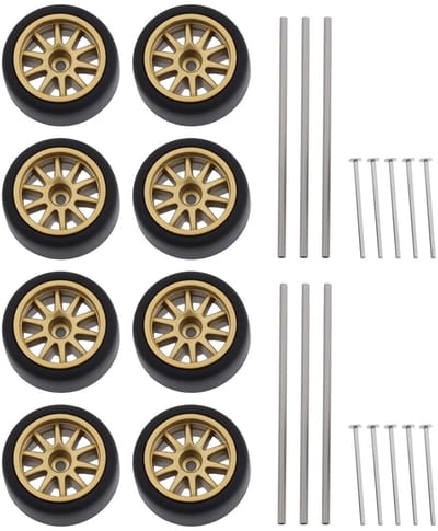 Dailygoody - HO Scale Gouden Wielen - 2 Set - Inclusief Banden en Assen - Geschikt voor Aurora T-Jet RRR Modelauto's - Perfect voor Modelbouw - Modela...