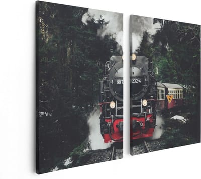 Artaza Canvas Schilderij Tweeluik Locomotief in de Bossen met Stoom Wolken  - 80x60 - Foto Op Canvas - Canvas Print
