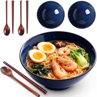 Set van 2 Keramische Ramenkommen van 1200ml met Chopsticks en Lepels, Ideaal voor Soep, Pasta en Salades (Blauw)
