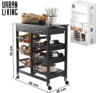 "PRATIK" Zwarte opbergkar met 2 lades en 3 metalen manden 65x35xH76 cm