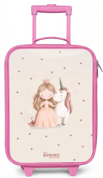 NoBoringSuitcases.com® - Kinderkoffer roze - Kindertrolley meisje - Prinses en een eenhoorn in pastel kleuren - Koffer kind lichtgewicht - Reiskoffer trolley voor kinderen - Koffertje met lichtgevende wieltjes - Rolkoffer