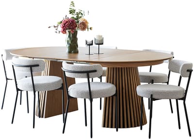 Tokyo eethoek eettafel incl. 2 verlengbladen Ø120x120-160-200cm eikenfineer en 6 stoelen bouclé wit.