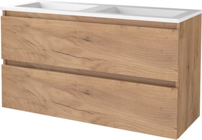 Basic Start 46 badmeubelset met greeploze onderkast met 2 lades en acryl wastafel zonder kraangaten 120 x 46 cm, whisky oak