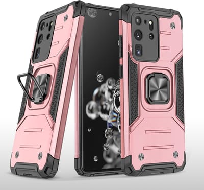 Hoesje Geschikt Voor Samsung Galaxy S20 Ultra Hoesje - Heavy Duty Armor hoesje Rose Goud - Galaxy S20 Ultra silicone TPU hybride hoesje Kickstand ringhouder met Magnetisch Auto Mount