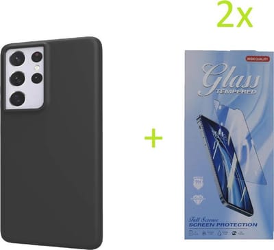 Soft Back Cover Hoesje Geschikt voor: Samsung Galaxy S21 Ultra TPU Silicone rubberen + 2xs Tempered screenprotector - zwart