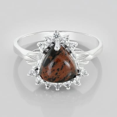Cavill - Zilveren Ring 925 Sterling - Mahonie Obsidiaan Trilliant Cabochon 1,47 ct - Witte Topazen 0,205 ct - Elegante Handgemaakte Damesring Maat 17