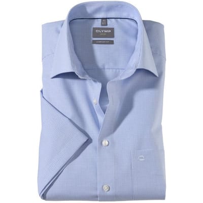 OLYMP Luxor comfort fit overhemd - korte mouw - lichtblauw met wit geruit (contrast) - Strijkvrij - Boordmaat: 39