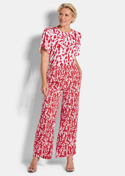 Wijde broek VERA van viscose-satijn - rood / wit / gedess. - Gr. 19 van Goldner Fashion
