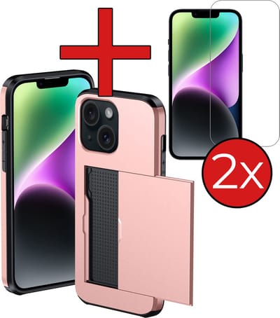 Hoesje Geschikt voor iPhone 14 Hoesje Met Pasjeshouder Hard Case Met Kaarthouder Met 2x Screenprotector - Hoes Geschikt voor iPhone 14 Hoesje Pashouder Case - Rosé goud