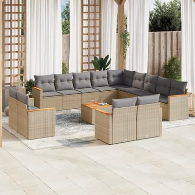vidaXL - 14-delige - Loungeset - met - kussens - poly - rattan - gemengd - beige