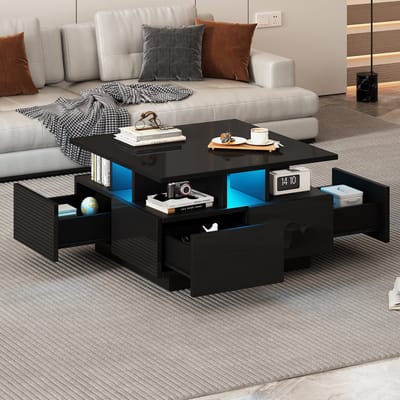 Salontafel - 70x70x40 cm - LED en 4 Laden - Hoogglans Geometrisch Design - MDF - Zwart