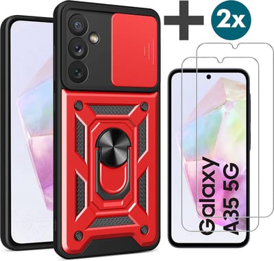 Hoesje met 2 Stuks Screenprotectors Geschikt voor Samsung Galaxy A35 Met draaibare Ringhouder en camera bescherming - Arara backcover - Rood