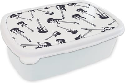 Broodtrommel Wit - Lunchbox - Brooddoos - Tiener - Gitaar - Muziek - Patronen - 18x12x6 cm - Volwassenen