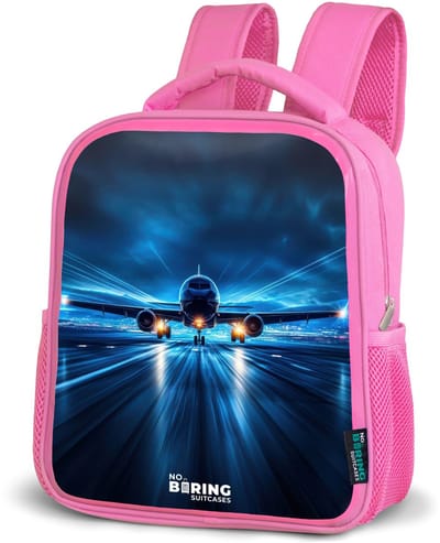 NoBoringSuitcases.com® - Rugzak roze - Schooltas meisjes - Vliegtuig opstartend in futuristisch nachtlandschap - Kinder rugtas meisje - Boekentas kind - Kinderrugzak voor school - Schoolrugzak