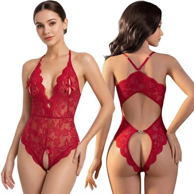 Sexy kanten body voor dames – diep decolleté, open rug, bordeauxrode erotische lingerie