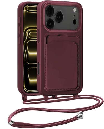 Hoesje Geschikt voor iPhone 17 Pro Telefoonhoesje Met Koord Case Pashouder Siliconen - Hoes Geschikt voor iPhone 17 Pro Hoesje Met Kaarthouder - Aubergine