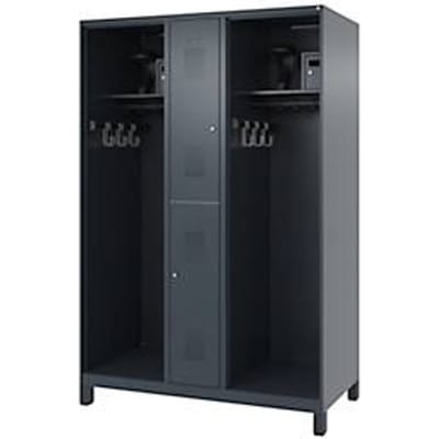 Brandweerkluis C+P Evolo Maxi, 4 vakken voor 2 personen, met helmhouder, met poten, B 1200 x D 600 x H 1950 mm, RAL 7016 antracietgrijs/RAL 7021 zwartgrijs