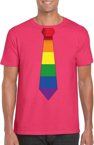 Roze t-shirt met regenboog stropdas heren - LGBT/ Gay pride shirts S