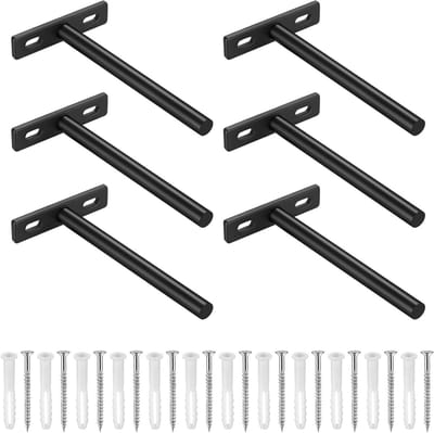Zware Zwarte Floating Shelf Beugels - 6 Stuks, Verborgen T Beugels voor Wandmontage, Ideaal voor Planken en Meubelondersteuning, 4.88x2.75
