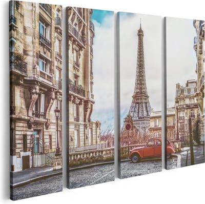 Artaza Canvas Schilderij Vierluik Eiffeltoren In Parijs Met Een Rode Kever Auto - 80x60 - Foto Op Canvas - Canvas Print